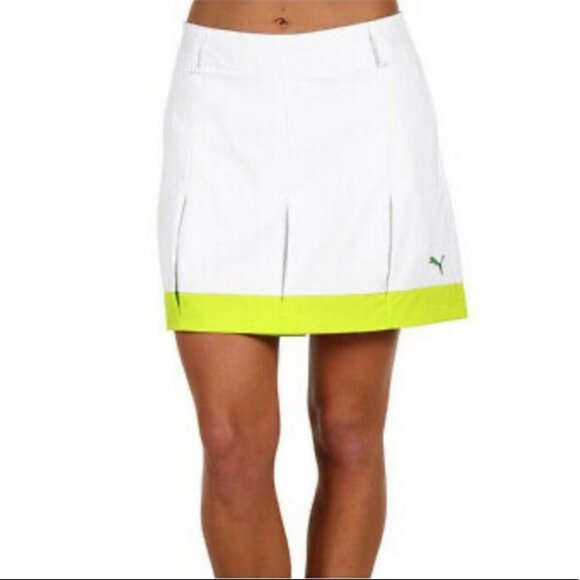 Puma Pleated Tech Golf Skirt White Neon Yellow Skort Trim Pocket Size 0 Tennis - Picture 3 of 14